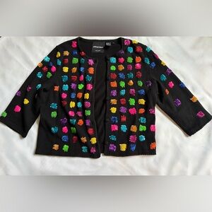 Michael Simon Vintage Large Black Cardigan with Bright Multicolor Sequin Dots
